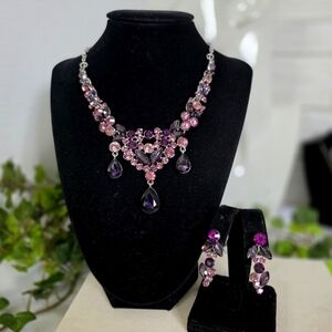 Statement Silver Purple and Pink Crystal Necklace and Earrings Set